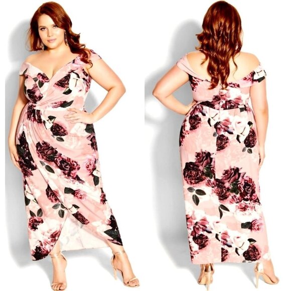 City Chic Pink‎ Rose Floral Print Off Shoulder Lost In Love Maxi Dress Size 14 - Picture 1 of 14